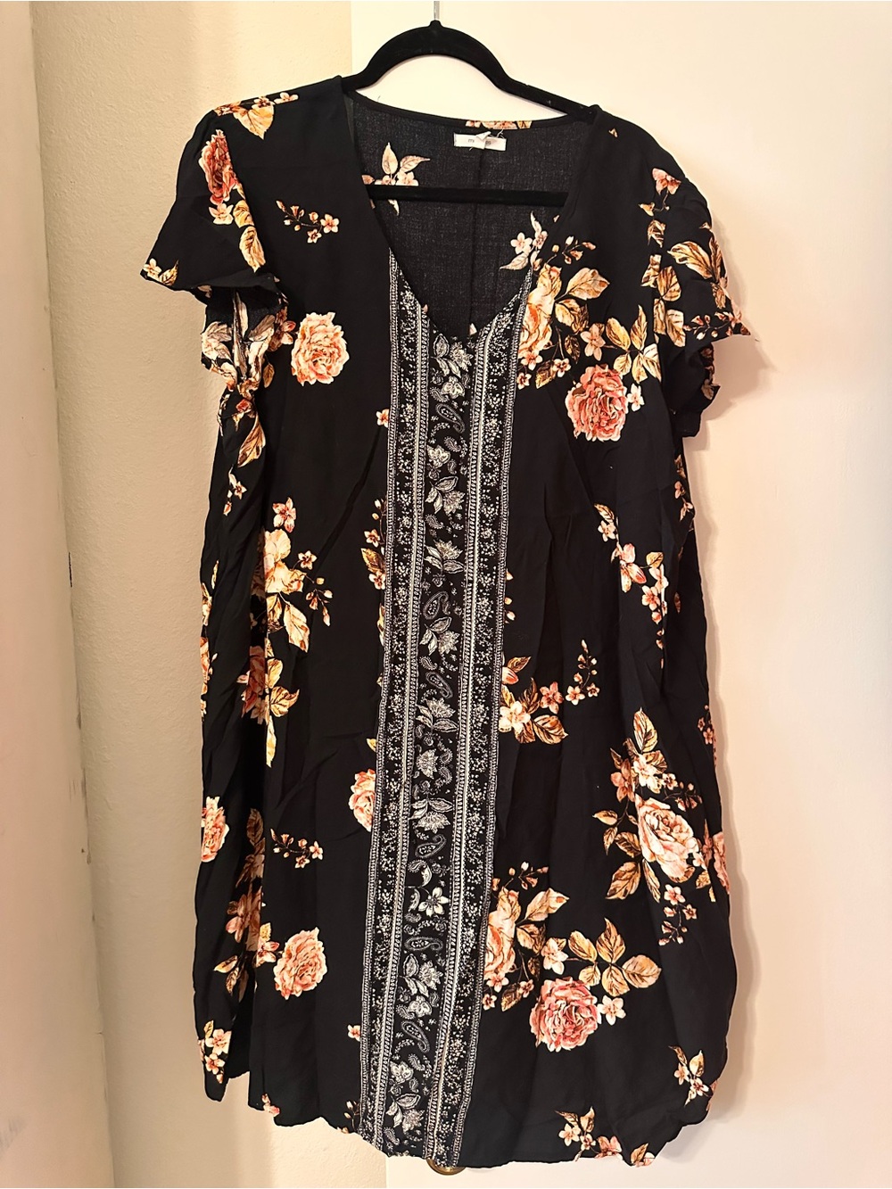 Maurices Black Tunic with Peach Rose Floral Print